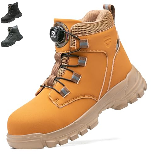 KOIFISH Botas de Seguridad para Hombre Mujer Zapatos de Seguridad Cómodos Ligeras Botas de Trabajo con Puntera de Acero Antideslizante Amarillo 42