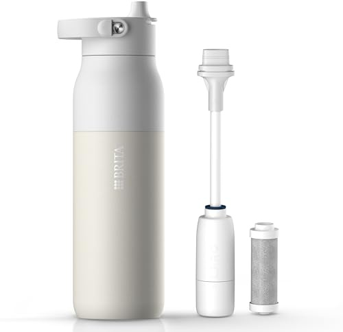 BRITA LARQ Essential Filter Trinkflasche mit Strohhalm weiß (1 L) Edelstahl Wasser-Flasche, doppelwandige Isolierung (24h kalt) inkl. Aktivkohle Wasserfilter - filtert PFAS, Chlor & mehr