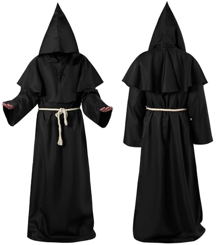 NXPZ Disfraz de Monje, Traje Medieval para Hombre, Túnica para Disfraz de Halloween con Capucha, Cinturón de Cuerda y Collar con Cruz, para Fiestas de Halloween, Eventos Medievales y Renacentistas
