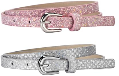 KZAQW 2 Pièces Ceinture Fine Cuir Imité pour Fille Garçon Réglable Laser Brillant Paillette pour Robe Jean Pantalon Anniversaire