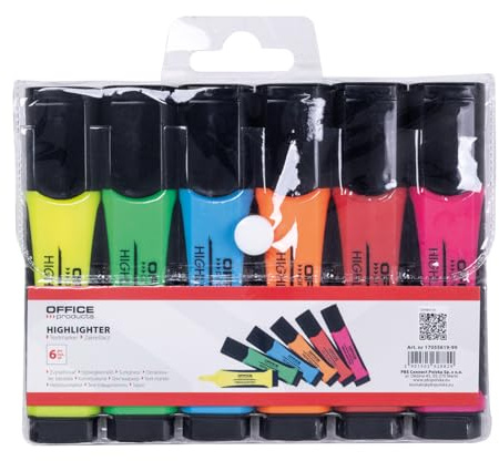 Office Products Lot de 6 surligneurs avec poignée en caoutchouc 2 à 5 mm Mélange de couleurs Pour la maison, le bureau, l'école