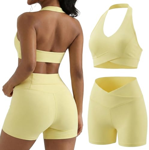 YOINS Workout Sets for Women 2 Piece Halter Sports Bra High Waisted Biker Shorts Gym Yoga Outfits Yellow Medium