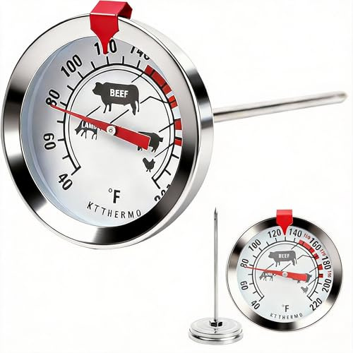 SPOROLWE Meat Thermometer for Oven, Analog Leave-in with Adjustable Red Target Indicator, 2-Inch Dial with Meat Icons, 4.3-Inch 304 Stainless Steel Probe, 40-220°F for Beef Poultry Pork Lamb Seafood