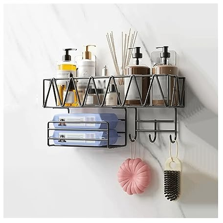 ZIGUIhuasan-11 Wall Mounted Shelf Toilet Large Wall Storage Rack Washstand Double Layer Cosmetic with Tissue Holder and Hook Mounted Metal Without Punching(Black)