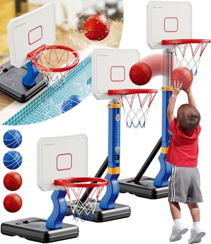 Kids Basketball Hoop for Age 3 4 5 6, Adjustable Basketball Hoop with 4 Balls for Indoor Outdoor Play, Toddler Swimming Poolside Basketball Goal for Pool Basketball Toy for Boys Girls, Blue