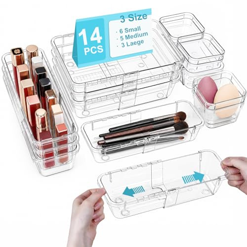 YTOPRO 14 Pack Clear Extendable Makeup Drawer Organizer Trays, 3 Size | Adjustable,Non-Slip,Drawer Dividers,for Kitchen,Bathroom,Make up,Office