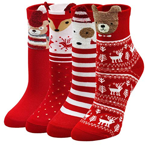 LOFIR Chaussettes de Noël Femmes Chaussettes Bonhomme de Neige - Socquettes Coffret Cadeau en Coton pour Fille, taille 35-41, 4 paires