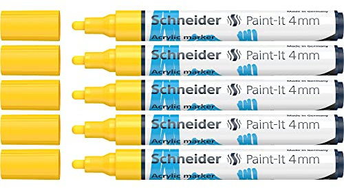 Schneider 120205 Paint-It Acrylstifte (mit 4 mm Rundspitze, hochdeckende Acrylfarben für Holz, Leinwand, Stein uvm.) 5er Pack, gelb