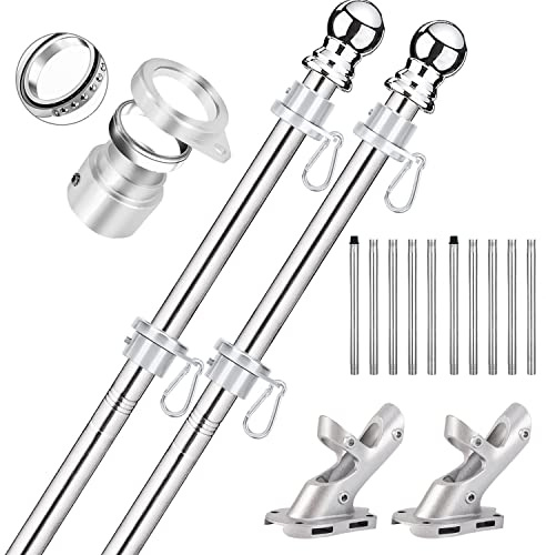 Bubblythe 2 Pack Flag Poles for House, 6 FT Flag Pole Kit with 2 No-Tangle Aluminum Ring Clips and Holder Mounting Bracket, Heavy Duty Stainless Steel Flag Poles for Outside House, Boat Flagpole, 6ft