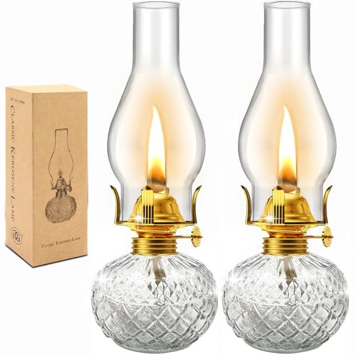 CHNLML 2 Pieces Christmas Large Chamber Oil Lamps, Glass Clear Kerosene Lamp Indoor Decorative Hurricane Lantern Vintage for Xmas Thanksgiving Tabletop Decor and Winter Emergency Lighting(colorless