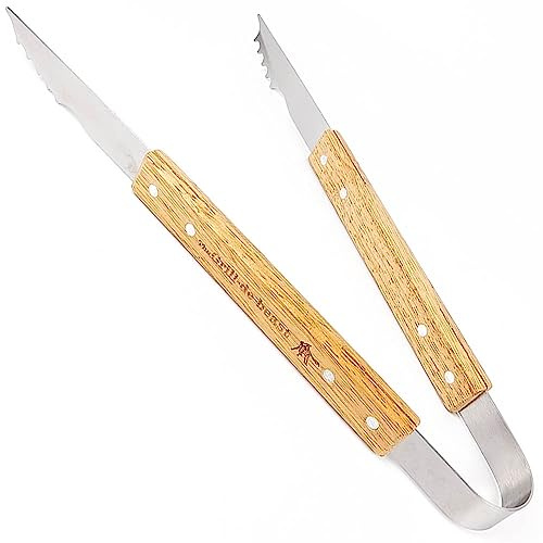 Grill-de-beast Stainless Steel Tongs with Engraved Wood Handle – Long BBQ Tongs for Grilling, Flipping, and Moving Food with Ease.