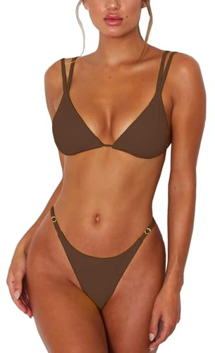 ForBeautyShe Bikini Sexy Deux pièces pour Femme avec Bretelles Doubles et Triangle, Marron, Taille M