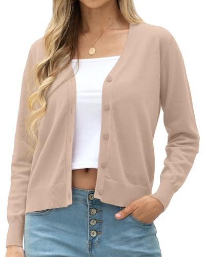 GRECERELLE Women's Lightweight Knit V-Neck Cardigan Jumper Casual Soft Long Sleeve Buttons Down Jumpers Tops for Dress Summer Evening Wedding (Khaki, L)