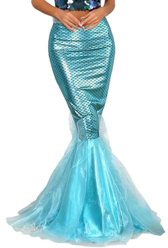 Mufeng Costume da Principessa Sirena per Donna Gonna a Coda di Sirena con Paillettes Maxi Gonna per Carnevale Halloween Costume di Danza del Ventre Blu XXL