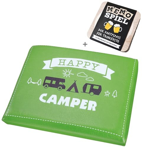 CULT at home Bierkastensitz Camping inkl. Bierdeckel Memospiel – Geschenkset für Camper Bierkisten Sitzauflage – Sitz Kissen: 44 x 34 cm – Grün