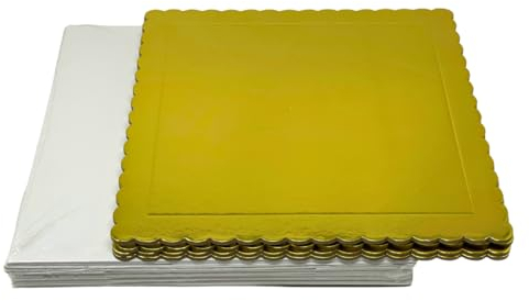 Decoracion Dulce - Pack de 5 Bases Extrafuertes Cuadradas de 25cm x 3mm y 5 Cajas para Transportar Tartas de 25.4 x 25.4 x 15cm de Altura… (Oro)