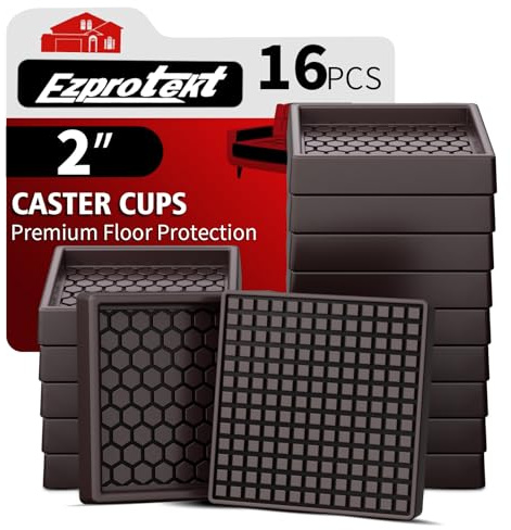 Furniture Coasters - 2x2 Non Slip Pads for Hardwood Floors, 16 PCS Square Rubber Non Skid Furniture Caster Cups, Anti Slide Floor Protectors for Bed & Couch Stoppers (Brown)