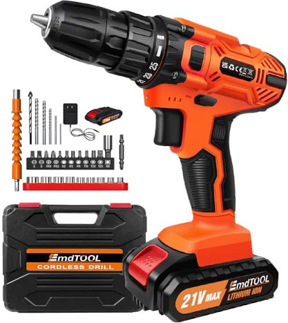 Akkuschrauber Set zum Schrauben & Bohren, 21V Akku Bohrschrauber mit 2x Akkus und Ladegerät, 45Nm, Drehmoment auf 25+1 Stufen, 2-Gang-Getriebe, 29pcs Zubehöre, Akku Bohrmaschine für DIY