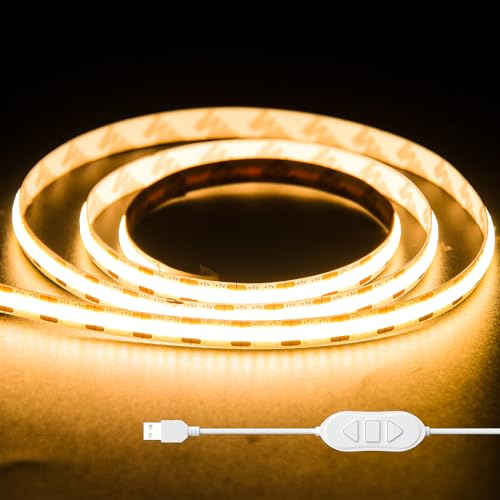 OULARA Tira LED COB USB 5V Blanco Cálido 2700K 1m,Regulable 320ledes Flexible COB LED Tira USB con Función de Memoria para iluminación de Fondo de TV,Dormitorio,Espejo