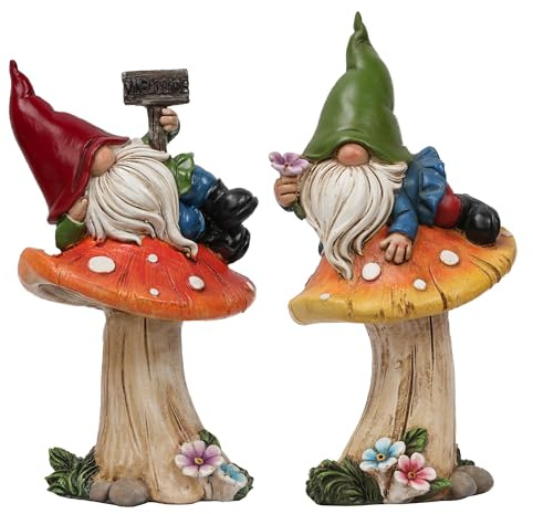 Teresa‘S Collections Set de 2 Gnomos sobre Hongos para Jardín, Adornos Jardin Exterior, Patio y Porche, Regalo de Cumpleaños y Casa Nueva (M)