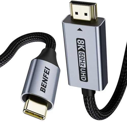 BENFEI Cable USB C a HDMI de 1.8M [8K@60Hz, 4K@240Hz, carcasa de aluminio, trenzado de nailon], Thunderbolt 3/4 compatible con iPhone 15/16 Pro/Max, MacBook Pro/Air 2023, Surface Book 2 y más