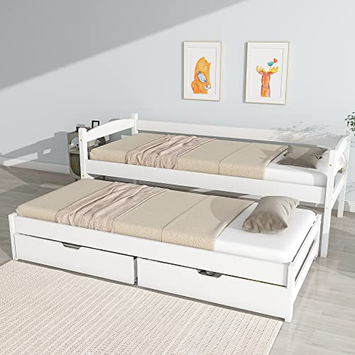 FAYICIC Cama individual y doble, cama deslizante con ruedas inferiores, con 2 cajones de MDF, marco de madera maciza, blanco (200 x 90 cm/190 x 90 cm)
