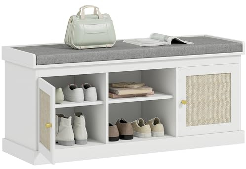 HOMCOM Schuhbank Schuhschrank Schuhschrank Bohemian Flur Bank mit gepolstertem Sitz Rattan Front Türen offenes Regal verstellbares Regal für 9 Paar Schuhe für Eingangshalle 105x35x47 cm Weiß