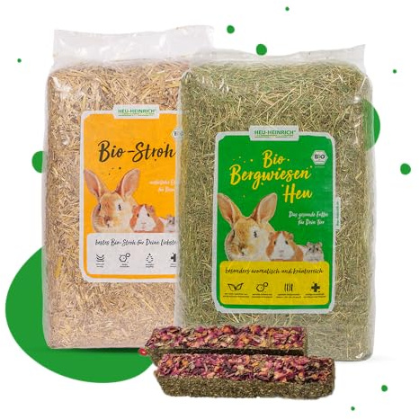 Heu-Heinrich® Bio-Bergwiesenheu, Stroh & gratis Knabberstick aus dem Naturpark Thüringer Wald - Streu und Futter für Nager, Kaninchen, Meerschweinchen, Hamster, Hasen - Herbstangebot