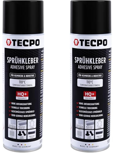 TECPO 1 K Spray adhesivo 2 x 500 ml Spray pegamento para techo de espuma, cielo nublado y paneles acústicos, transparente, resistente al calor hasta 110 °C