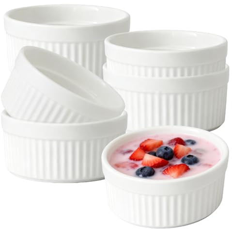 Juego de 6 cuencos de crema Brulee de 230 ml, 10 x 4,8 cm, aptos para horno, de cerámica, aptos para horno, color crema brulee, para postres, magdalenas, pasteles, color blanco
