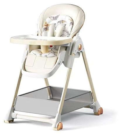 Aveainelle Seggiolone Pieghevole in Pelle PU per Bambini, 6 Altezze e 3 Posizioni Reclinabili, Sedia da Pappa Convertibile con Doppio Vassoio Rimovibile e Ruote, per Neonati e Bambini Piccoli (Bianco)