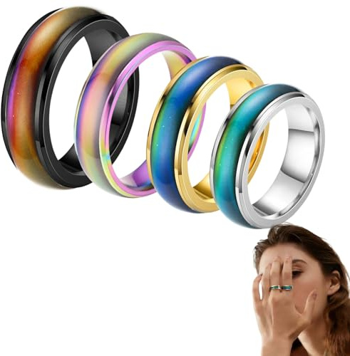 FMPXYYA 4 Pezzi Anelli dell'Umore per Uomo e Donna, Anello Emozione Temperatura in Acciaio Inox, Cambiamento di Colore Termico per Coppia, Compleanno, San Valentino, Anniversario, Festa
