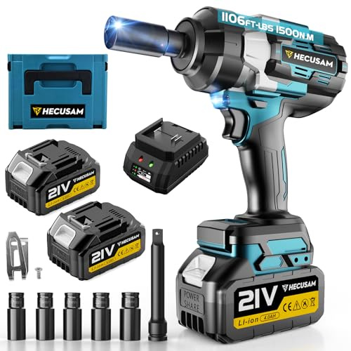 HECUSAM Llave de impacto de batería de 1500 N.m, motor sin escobillas de 1/2 pulgada, destornillador de impacto con dos baterías de 4000 mAh, cargador rápido, 5 llaves de vaso, destornillador de