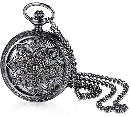 Lancardo Orologio da Tasca al Quarzo con Catena per Uomo Donna Quadrante Digitale Motivo Traforato a Camelia Vintage Argento Nero Regalo Perfetto