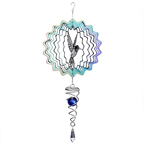 Lpraer Hanging Wind Spinner 6 Inch Stainless Steel 3D Colorful Kinetic Mandala Wind Spinner With Ball Spiral Tail for Outdoor Yard Garden(Hummingbird)