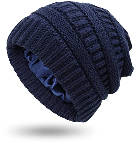 Hcimooy Winter Warm Knitted Hat Satin Silk Lined Cable Knit Beanie Chunky Slouchy Skull Cap for Womens (Navy)