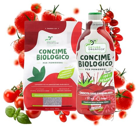 NaturaOrganica | Concime Biologico per Pomodori 1,83 Kg Fertilizzante Naturale per Tutte le Varietà di Pomodoro Concime Specifico per Pomodori Biologici KIT Convenienza Liquido + Solido