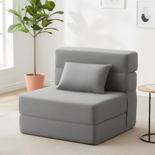 FILUXE Convertible Folding Sofa Bed - Sleeper Chair with Pillow, Modern Linen Fabric Floor & Futon Couch, Foldable Mattress for Living Room/Dorm/Guest Use/Home Office/Apartment, Single Size Light Gray