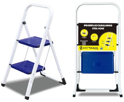 Sgabello in acciaio laccato bianco con 2 gradini pieghevole HYTAMA STEEL HOME richiudibile salvaspazio (2 GRADINI)