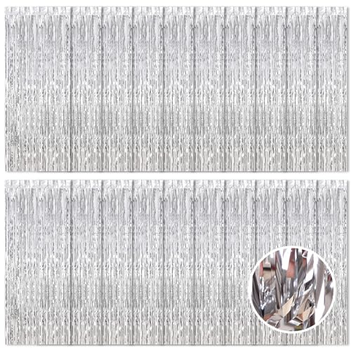 Ohiyoo 20 Stück Silber Lametta Vorhänge 1 x 2.5M Tinsel Curtain Folien Fransen Metallic Lametta Vorhange Silber für Geburtstag Partydekor Verlobung Hochzeit Weihnachten Neujahr Dekoration (Silber)