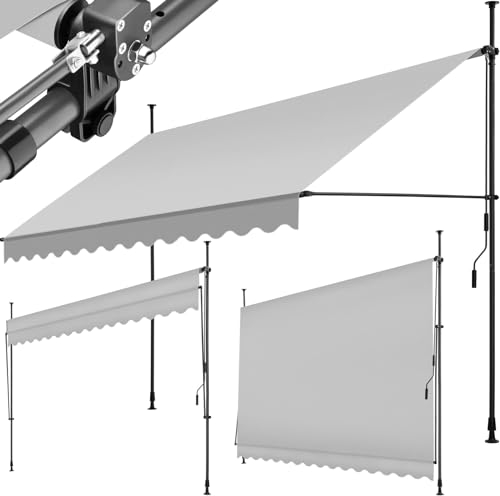 tectake® Klemmmarkise mit Handkurbel, Balkon Markise ohne Bohren, Markise höhenverstellbar, UV-beständig, wasserabweisend, Terrassenüberdachung, Sonnenschutz Terrasse & Balkon, Breite 350 cm -hellgrau