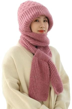 Hokuto Integrierter GehöRschutz Winddichte MüTze Schal, Kapuzenschal Damen Winter, MüTze Mit Schal Damen, MüTze Winddicht (Pink)