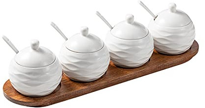 Set Di Bottiglie Di Condimento Barattolo Di Condimento In Porcellana Confezione Da 4, Scatola Di Condimento In Ceramica Con Vassoio, Cucchiaio E Coperchio Per Zucchero, Pepe, Caffè, Spezie, Sale Per