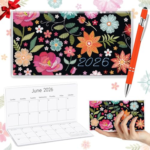 Gueevin 2027 Pocket Calendar for Purse, Pen, Embroidery Floral, Orange Red