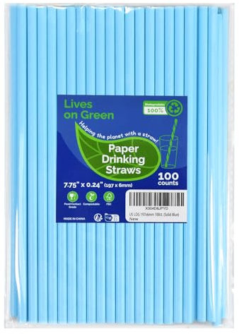 Lives on Green Solides Blue 19,7 x 0,6 cm cannucce di carta usa e getta per bere, 100 pezzi, per cocktail, bevande, cake pops