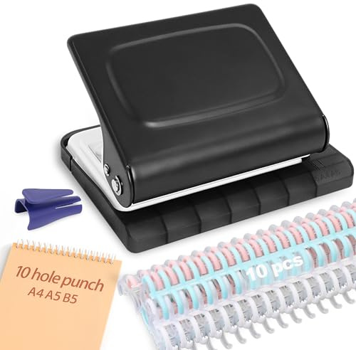 Hoqqf 10 Hole Punch Binding Machine for Planners with 10 Multi-Color Binder Rings,30 Holes on A4,20 Holes on A5,26 Holes on B5,10 Sheet Capacity (Black)