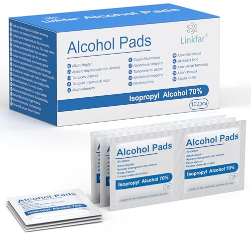LINKFAR Lingettes nettoyantes alcool isopropylique 70% – 100 pcs – Lingettes pour nettoyage de la peau, hygiène quotidienne, voyage & bureau