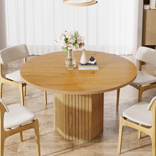 Tribesigns 120cm Oak Round Wood Dining Table for 4-6 People, Farmhouse Circle Kitchen Table with Heavy Duty Pedestal Base Circle Oak Tabletop for Kitchen Living Room, Natural Oak
