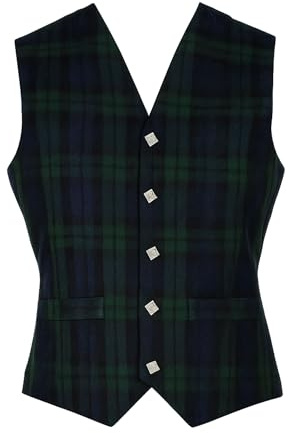 Kilts Boutique Chaleco de tartán negro para reloj, chaleco formal tradicional escocés, correa trasera ajustable, Negro Wtach Tartan, 58