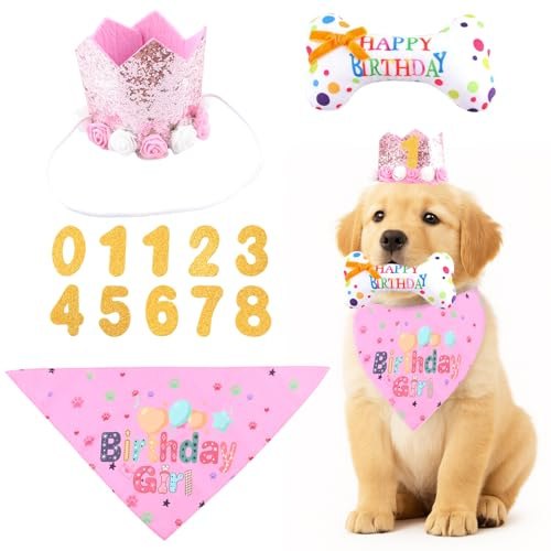 shallyong Ensemble de Fête Anniversaire Chien, 4 Pièces Fournitures de Fête pour Chien avec Chapeau, Bandana, Jouet en Os & Chiffres, Cadeau Chiens Anniversaire pour Chiots, Mâles et Femelles (Rose)
